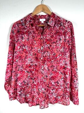 J.Jill Pink Red Floral Button Down 100% Cotton Voile Shirred Back Blouse Size M
